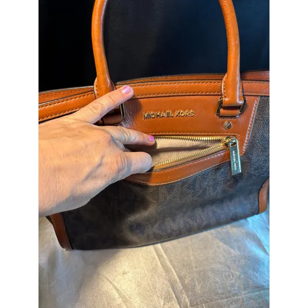 Michael Kors Signature Logo Satchel Brown Leather Trim Crossbody Bag - Image 16