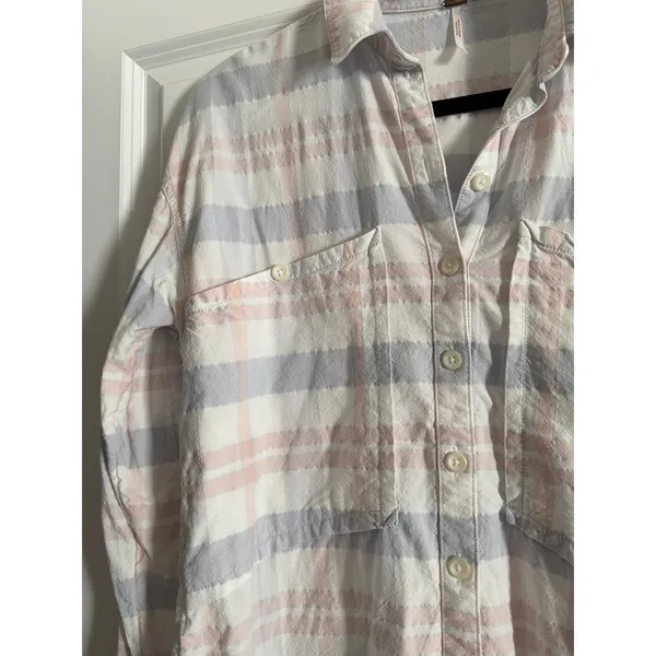 Free People Pink Blue Loveland Plaid Raw Hem Oversized Button Down Shirt XS - Image 6