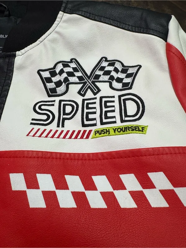 Red and White Racing Bomber Jacket with Checkered Details - Image 5