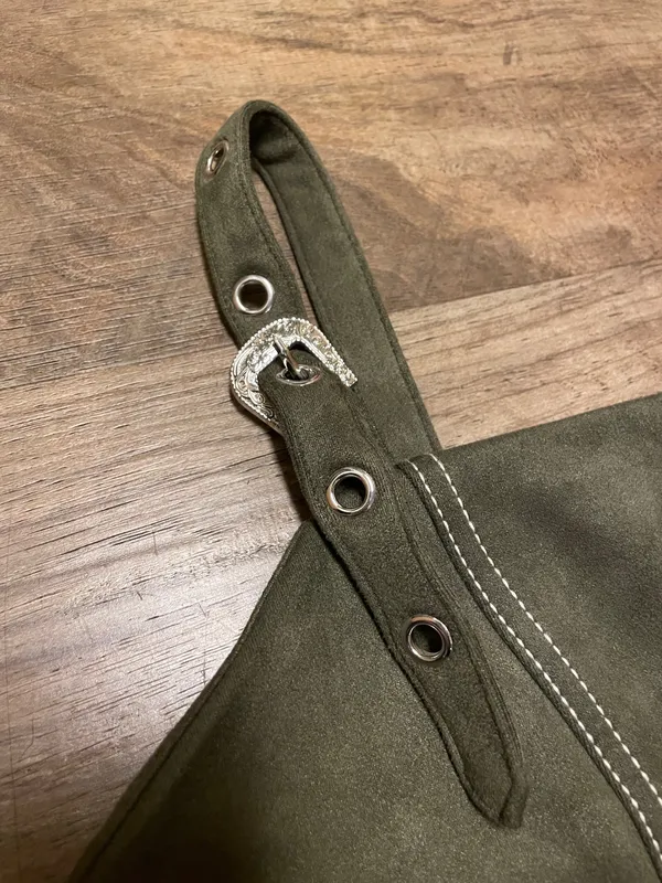 AUW Olive Green Faux Suede Mini Overall Dress with Silver Buckles Size Small - Image 5
