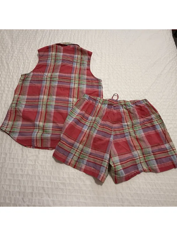 Lauren Ralph Lauren Plaid Multi Color Pajama Button Up Shirt & Shorts Set Medium - Image 9