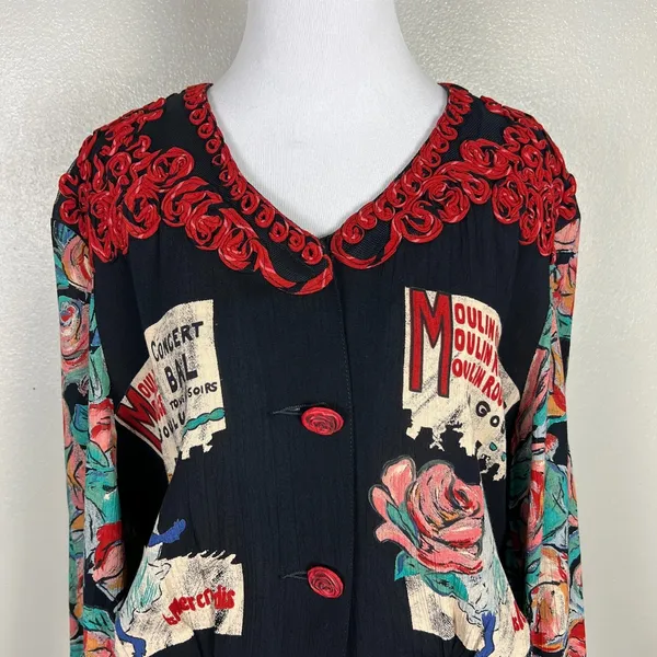 Carole Little Cardigan Jacket M Moulin Rouge Can Can Dancer Floral Rosette Artsy - Image 3