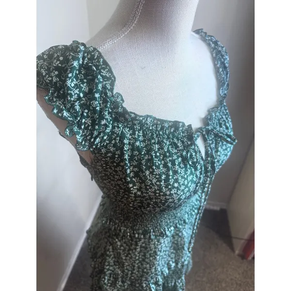 Dark Green Floral Milkmaid Mini Dress Smocked Waist Cottagecore Ruffle Small - Image 3