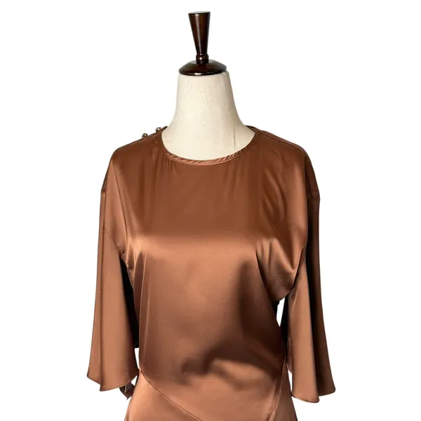 BHLDN Anthropologie Midi Dress Women Medium Brown NWT Satin Open Back Side Slit - Image 4