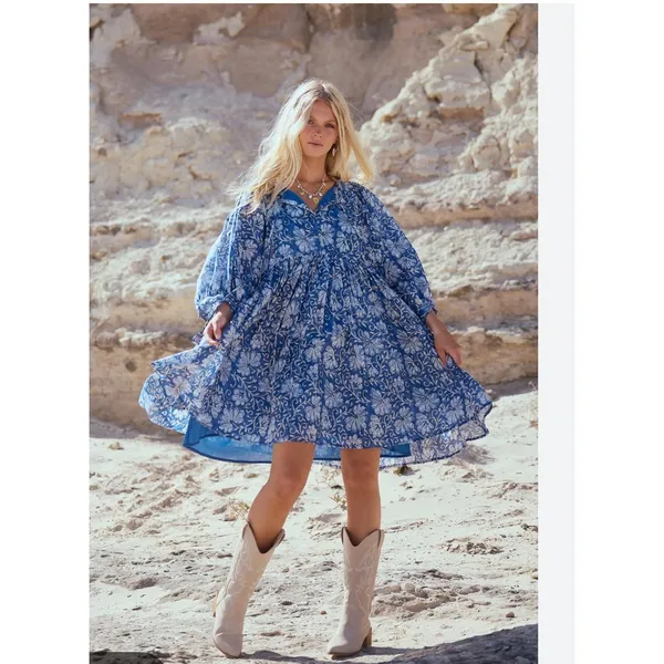 Talisman Blue Blossom Floral Cotton Midi Dress Relaxed Fit Boho S M - Image 5