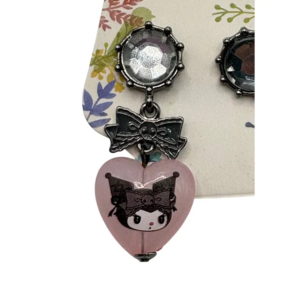 Sanrio Kuromi Heart Bow Drop Dangle Earrings Rhinestone‎ Gothic Kawaii Y2K - Image 4