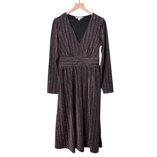 Boden Shimmer Glitter Long Sleeve Stripe Midi Dress Red Black Green Size 8 - Image 4