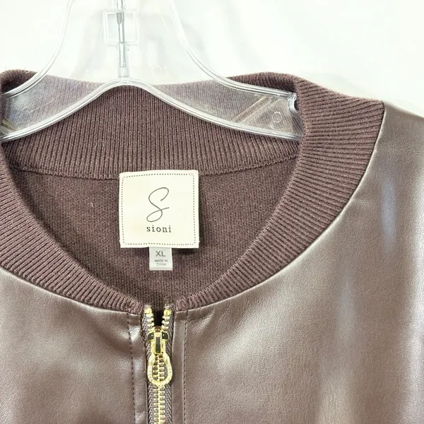 Sioni Bomber‎ Jacket Womens XL Brown Faux Leather Knit Classic Chic Edgy 1502 - Image 7