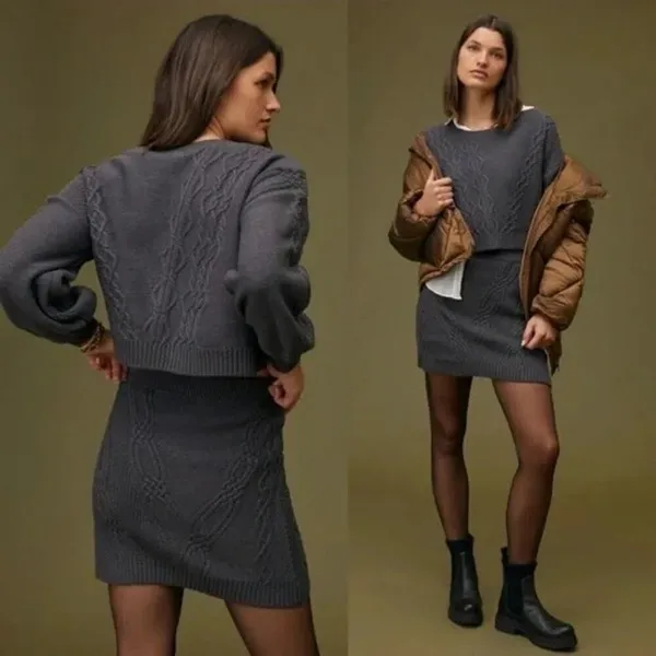 Anthropologie Cable Knot Gray Sweater Skirt Medium Winter Cozy Mini Short‎ Warm - Image 2