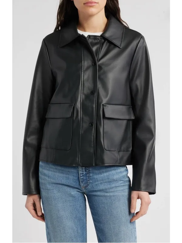 Sam Edelman Faux Leather Swing Jacket in Black | Size L - Image 4