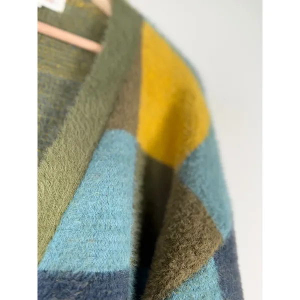Listicle Women Green Yellow Blue Checkerboard‎ Fuzzy Eyelash Knit Cardigan Large - Image 4