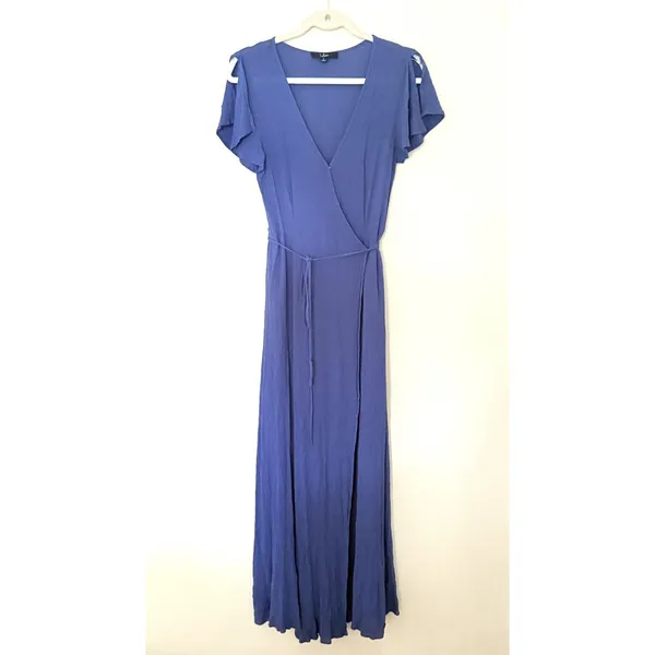 Lulus Heart of Marigold Denim Blue Wrap Flutter Sleeve Travel Maxi Dress Sz S - Image 2