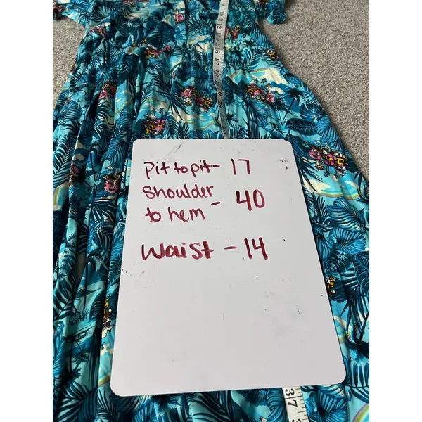 Disney Women Blue Tropical Palm Leaf House Print Button Front Midi Dress Size 0 - Image 5