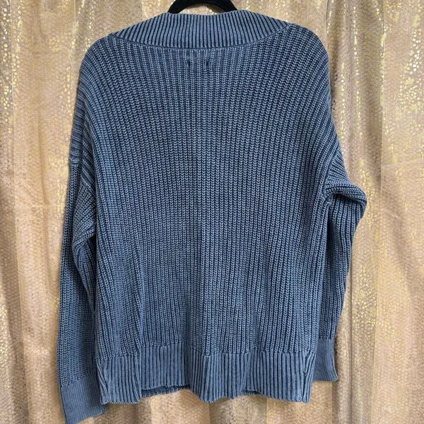 Aerie Vintage Cotton Dyed Navy Blue V Neck Cozy Chunky Sweater Small - Image 2