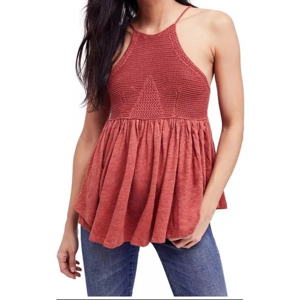 Free People Road Trip Tank Top Womens XS Brown Crochet‎ Halter Open Back Peplum - Image 2