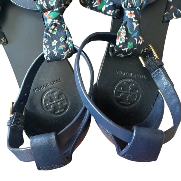 Tory Burch‎ Miller Scarf Sandals Navy Floral Ankle Strap 8 - Image 5