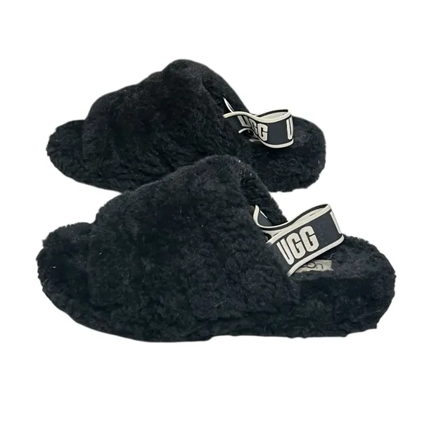 Ugg Fluff Yeah Slide Slippers Womens 8 Black Plush Sheepskin‎ Logo Soft Fur Cozy - Image 2