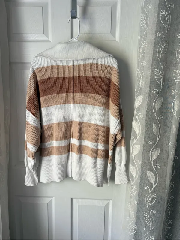 Aerie Beyond Neutral Stripe Knit Oversized Slouchy 1/4 Zip Pullover Sweater S - Image 7