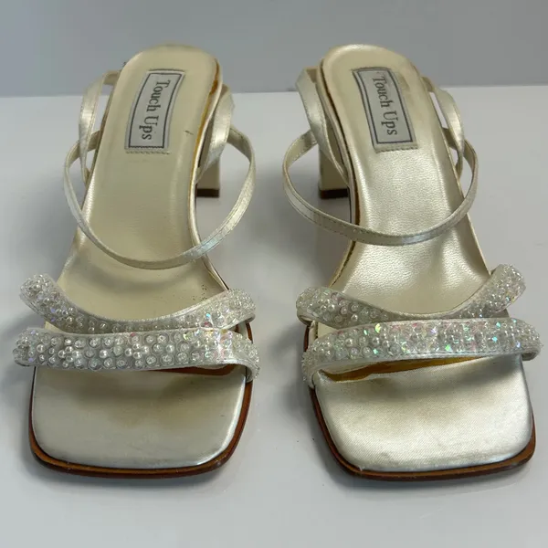 Touch Ups Ivory Satin Beaded Sequin Block Heel Square Toe Slingback Sandals 7.5W - Image 2