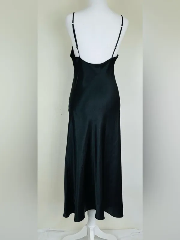 90s Minimalist Black Satin Slip Dress Side Slit Maxi S - Image 3