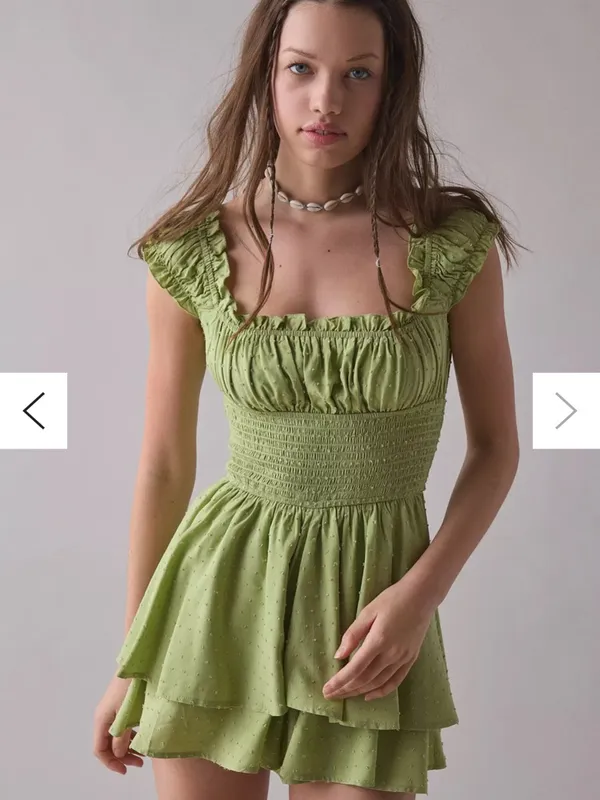 UO Rosie Smocked Tiered Ruffle Romper in blue - Image 4