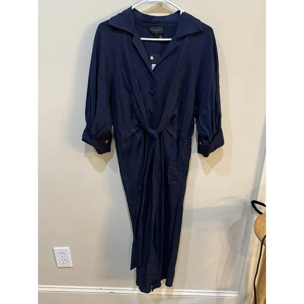 Donna Karan New York Women's Collared 3/4-Sleeve Midi Dress Size 6 Navy Linen - Image 5