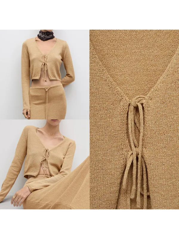 Mango Knitted Cardigan with Bow Jadore Gold XS - Image 3