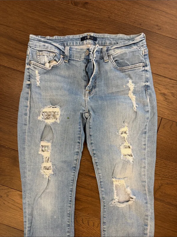 7 For All Mankind Light Blue Distressed Skinny Jeans w/ Glitter Size 30 - C8-064 - Image 5