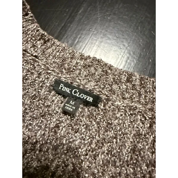 Pink Clover Womens Marled Knit Sweater Brown White Button Side Pullover Medium - Image 4