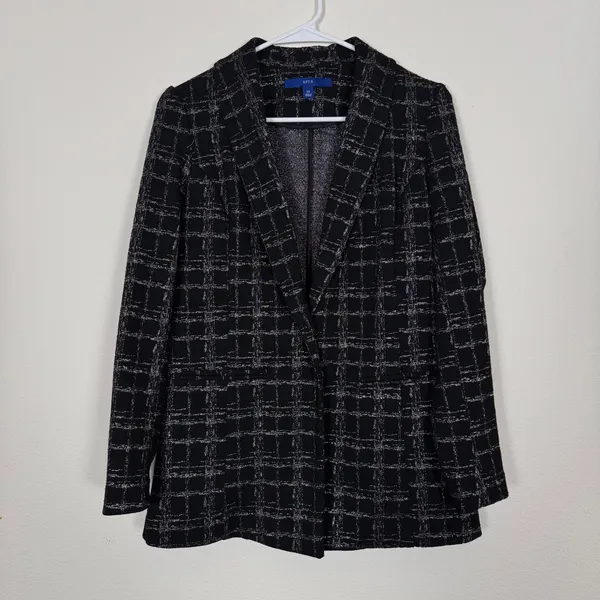 Apt. 9 Black Silver Metallic‎ Plaid Blazer Stretch XS Office Party Festive Holiday Glam - Image 2