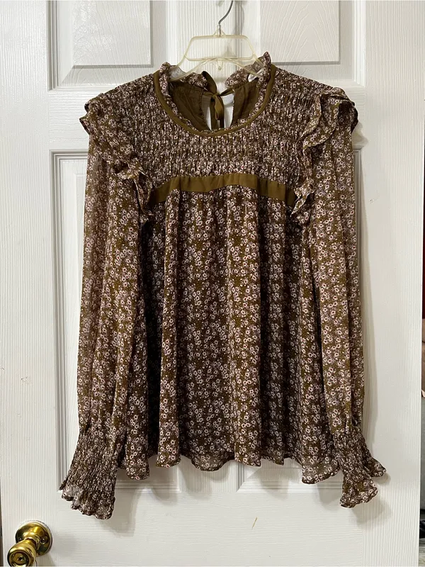 Smocked Ruffle Olive Floral Blouse - Image 2