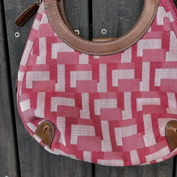 Y2K Red w/ Tan Leather Accents Cotton Canvas Nine West Mini Bag Purse - Image 2
