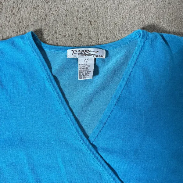 Y2K Poppy by NSD Preppy Babydoll Blue‎ Silk Cotton Blend Faux Wrap Knit Top L - Image 4