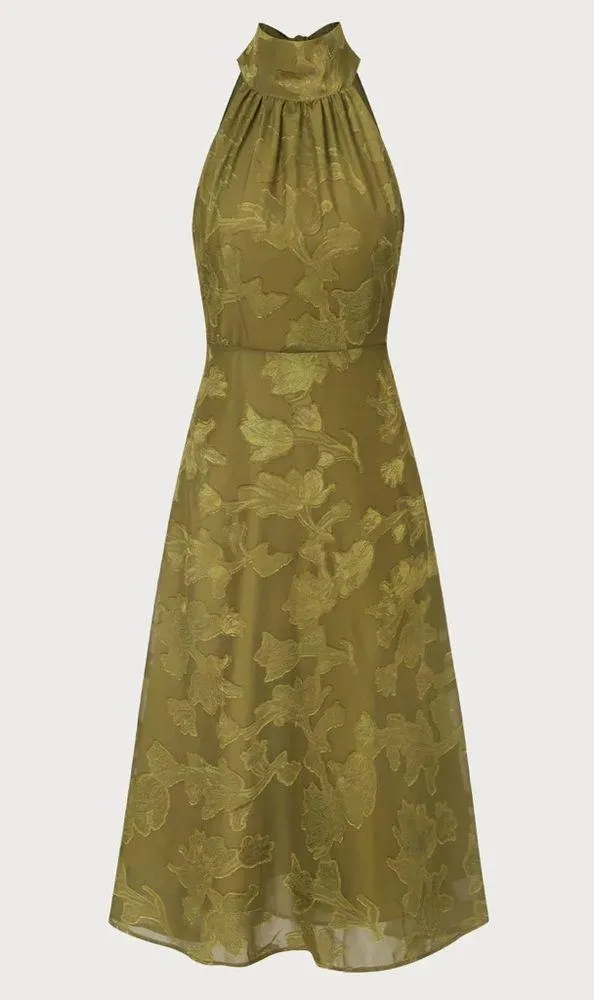 RIHOAS The Green Jacquard Ruched Halter Midi Dress 76 - Image 6