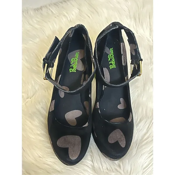 Pocketbean Retro Funky Black Heart Print Froggy Heel Shoes 9 - Image 5