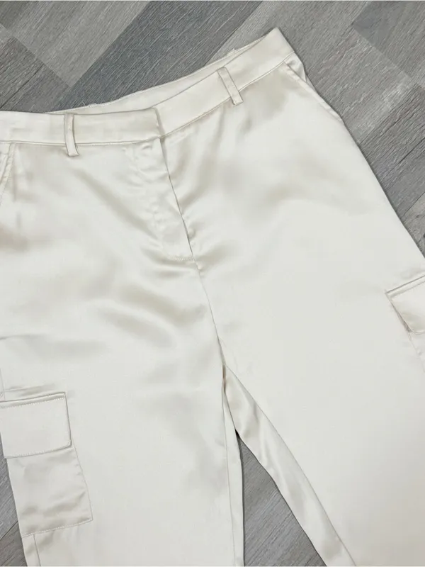 Bailey 44 Satin Cargo Pants Trousers Cream Medium High Waist Ankle Tapered - Image 4