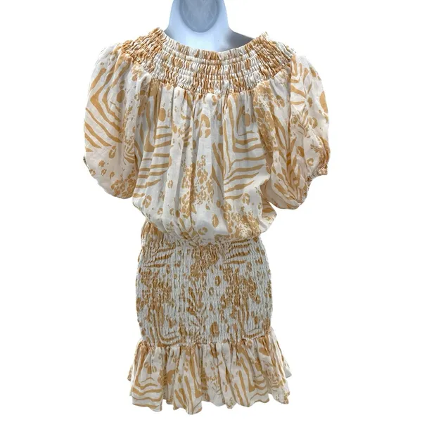 SABO LUXE Camari Linen Dress Smocked Patterned Ruffle Hem‎ White Beige Women's S - Image 9