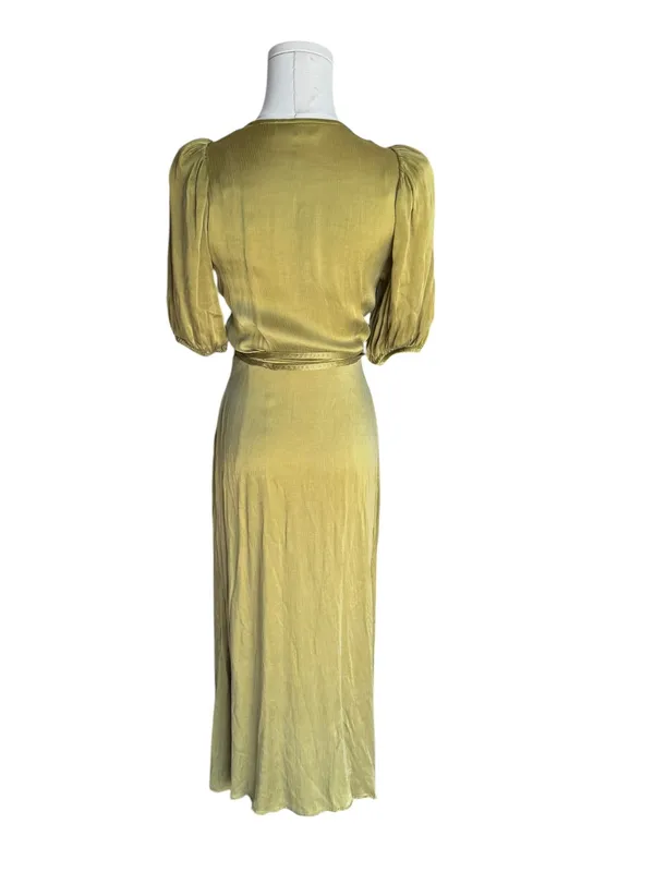 & Other Stories - Satin Wrap Midi Maxi Dress Olive Green Puff Sleeve Sz US 4 - Image 5