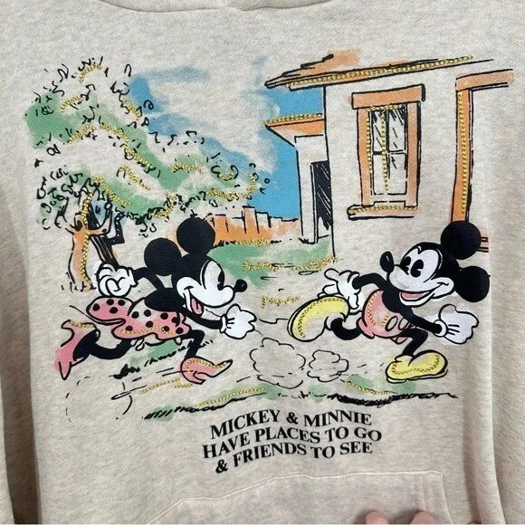 Disney Cream Mickey & Minnie‎ "Places to Go, Friends to See" Sweatshirt Hoodie S - Image 2