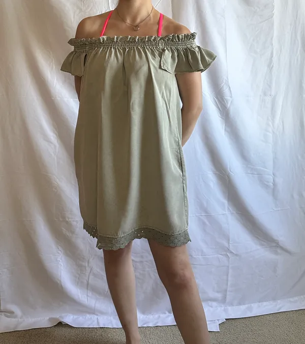 Smocked Off Shoulder Mini Dress - Army Green - S - Image 6