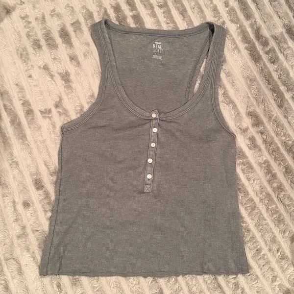 Aerie‎ Real Soft Ribbed Henley Tank Top Gray Size L Altered Raw Hem Crop - Image 2