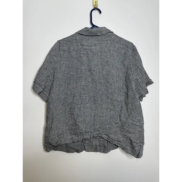 Quince 100% Linen Shirt Womens XL Black White Gingham Excellent Short Sleeve Top - Image 5
