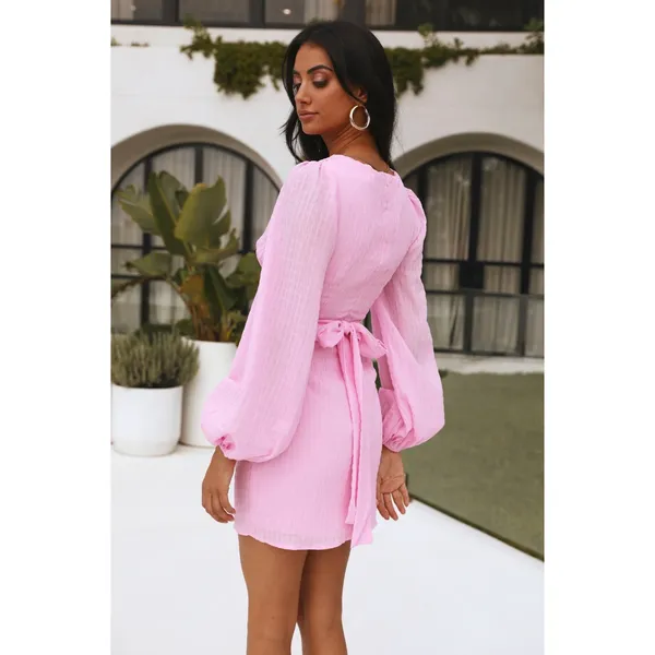 Hello Molly Wondering Heights Mini Dress Long Sleeves Pink Tie Back Size 8 - Image 2