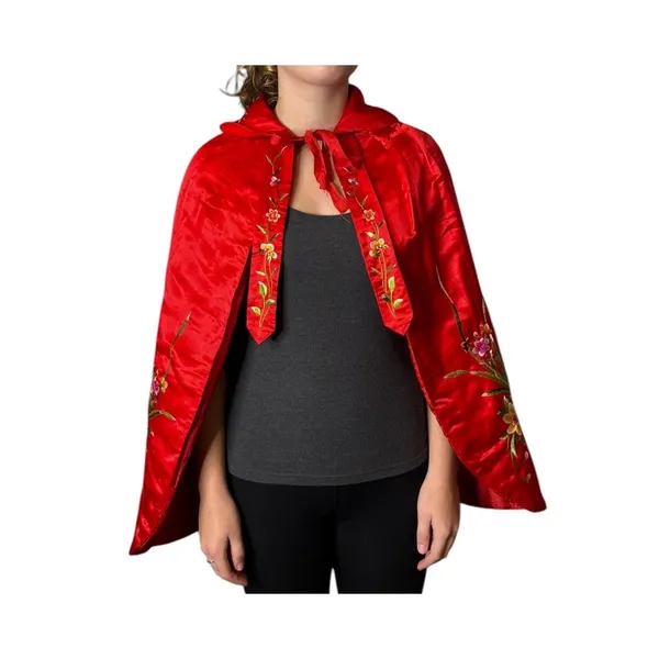 Vintage Red Silk Embroidered Padded Cape with Floral Satin Stitch Detail small - Image 4