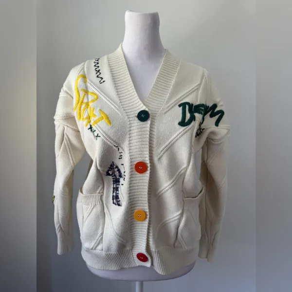 Retro Multicolored Chunky Cable Knit Button Front Cardigan Sweater - Image 6