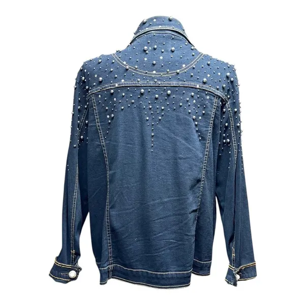 The Quacker Factory Rhinestone Pearl Studded Denim Jean Jacket Blue Large - Image 4