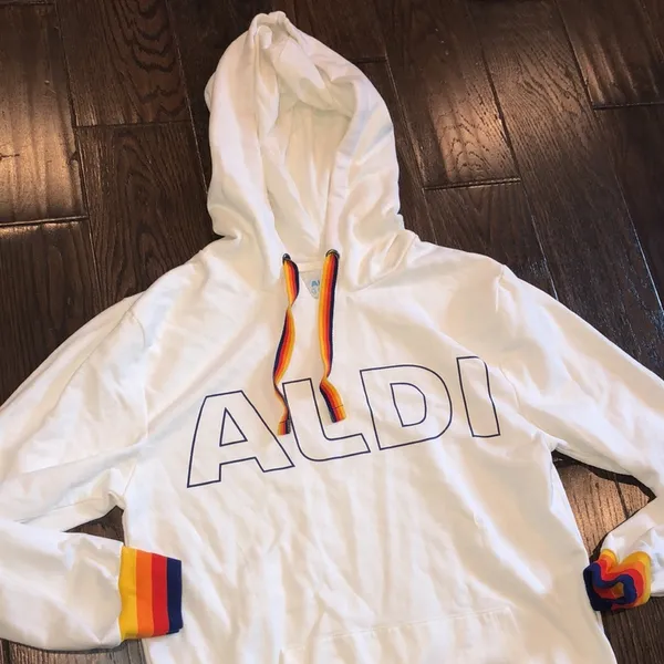 ALDI white hooded sweatshirt with multicolor detail size small - Image 3