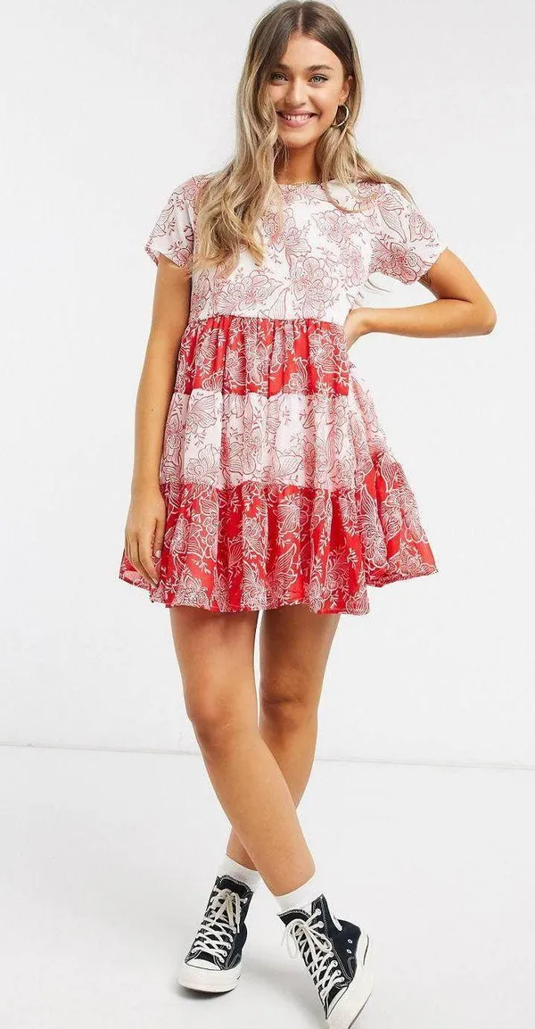 Wednesday Girl mini smock dress with tiers in contast paisley print - Image 2