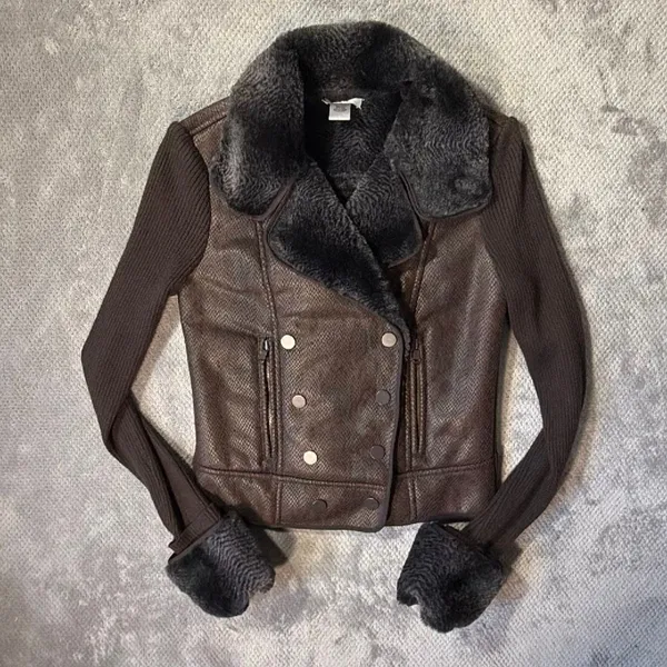 Cache Brown Faux Fur Trim Moto Jacket Size S Wool Blend Rib Knit Snakeskin Textu - Image 13