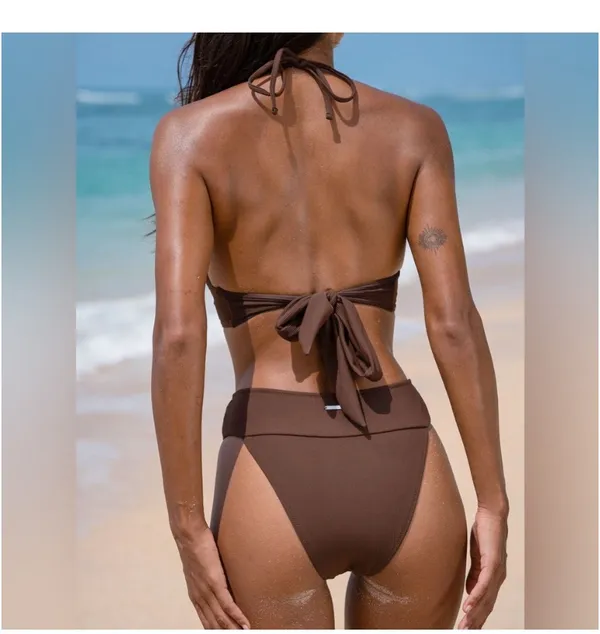 Berlook Dark Coffee Ribbed High Cut Bikini Bottom Brown Size L - Image 9